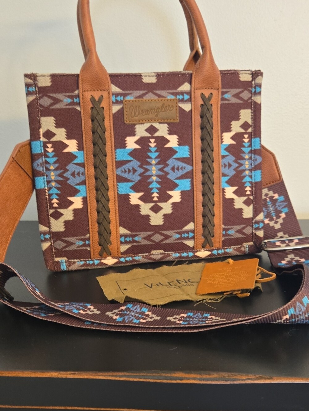 Wrangler Brown Aztec-Print Crossbody Tote with Blue Accents